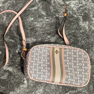 Tory Burch Pink and Cream Crossbody Bag with Monogram Pattern